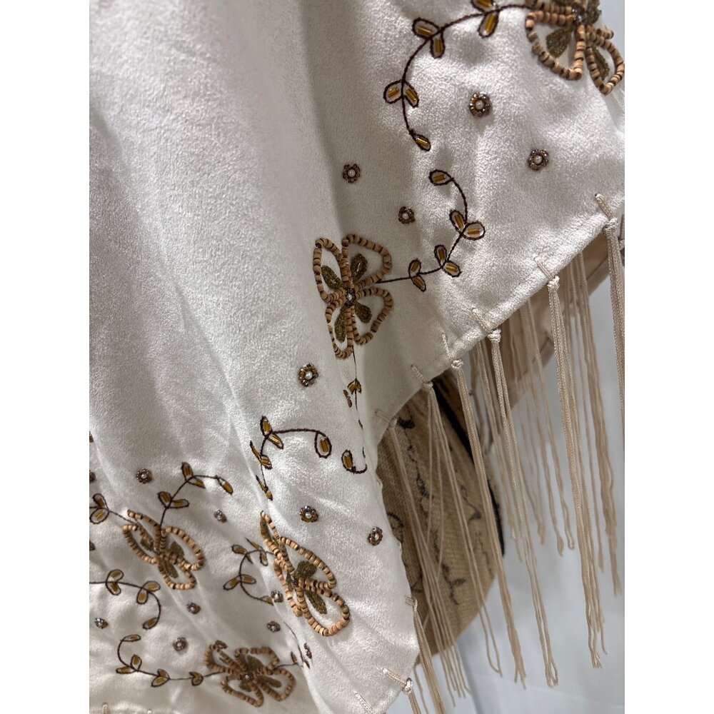 Vintage Beige Silky Feel Shawl With Floral Beaded Embroidery & Fringe Detailing - Picture 6 of 7